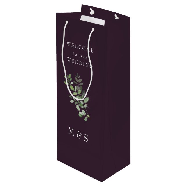 Sac Cadeau Pour Bouteille Mariage Rich Wine Monogram Eucalyptus (Dos Angle)