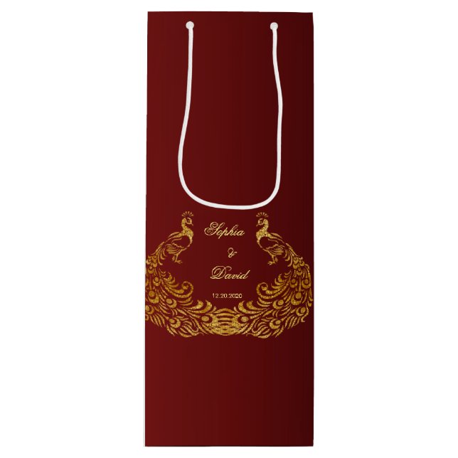 Sac Cadeau Pour Bouteille Mariage Royal Burgundy Gold Peacock (Devant)