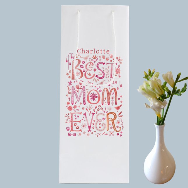 Sac Cadeau Pour Bouteille Meilleure maman jamais personnalisée (Best Mom Ever watercolor hand lettered personalized name Mothers Day or Mom Birthday wine gift bag)