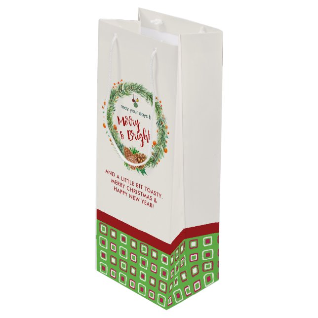 Sac Cadeau Pour Bouteille Merry & Bright Christmas Wreath (Devant Angle)