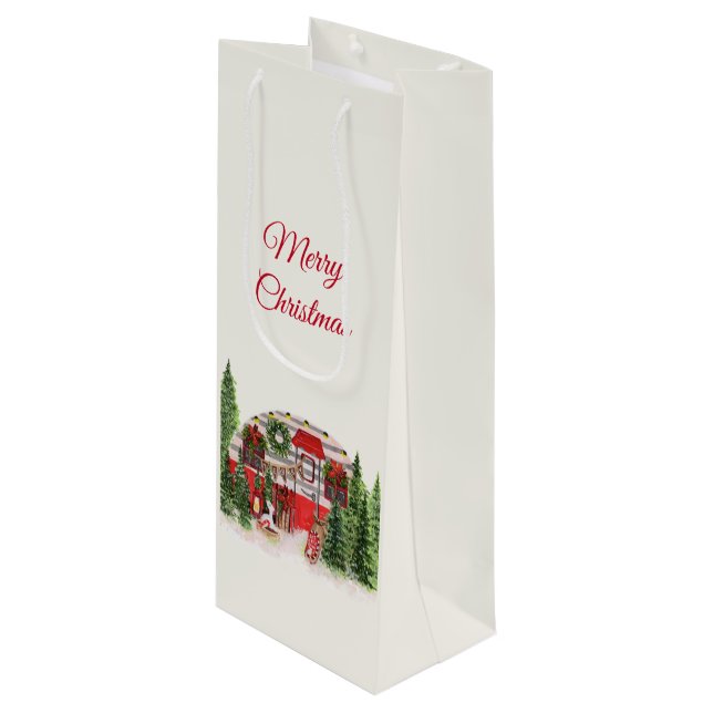 Sac Cadeau Pour Bouteille Merry Christmas Trailer Camper Rustic Scene (Devant Angle)