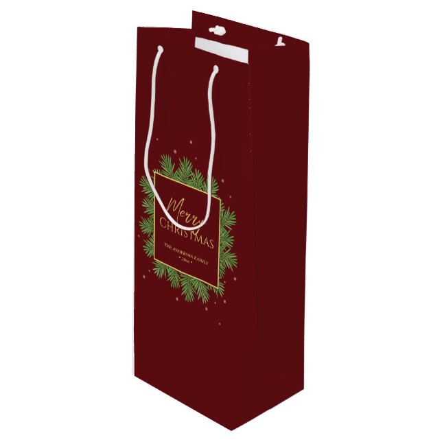 Sac Cadeau Pour Bouteille Moderne Élégant Noël Botanique Rouge Bourgogne (Devant Angle)