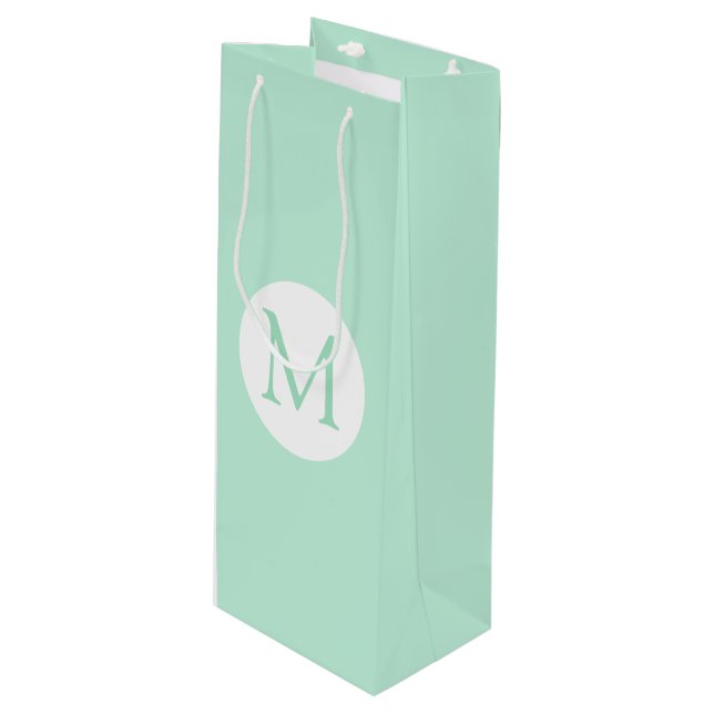 Sac Cadeau Pour Bouteille Monogramme blanc couleur verte à la menthe moderne (Devant Angle)