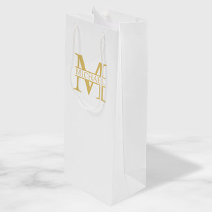 Sac Cadeau Pour Bouteille Monogramme et nom personnalisé blanc et or