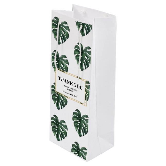 Sac Cadeau Pour Bouteille Monstera Thank you Wedding  (Devant Angle)