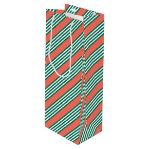Sac Cadeau Pour Bouteille Motif à cinq bandes vert et blanc avec corail