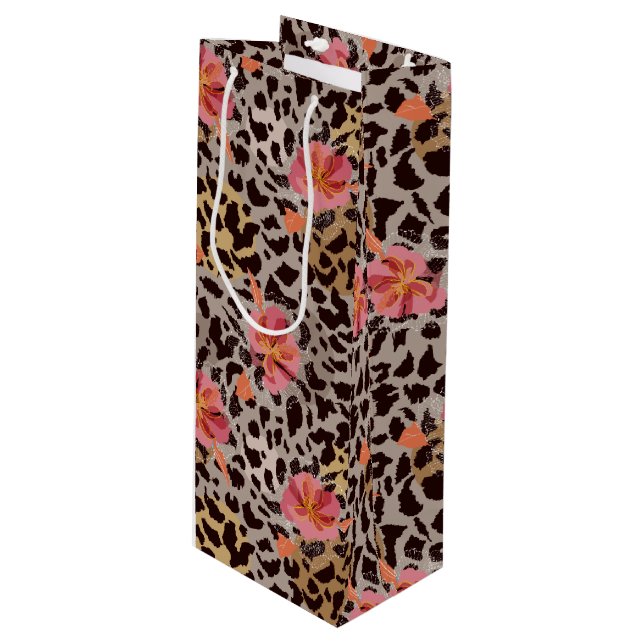 Sac Cadeau Pour Bouteille Motif animal de léopard Fleurs roses tropicales (Devant Angle)