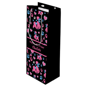 Sac Cadeau Pour Bouteille Motif de caniche rose et bleu sur fond noir