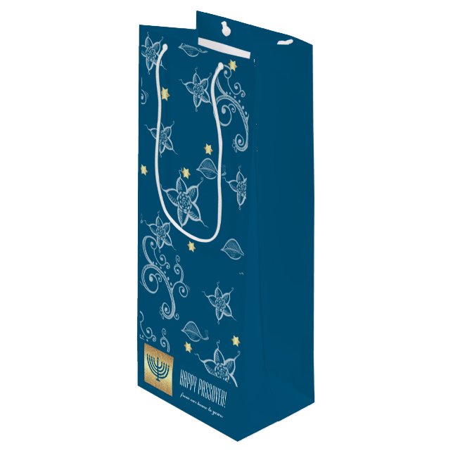 Sac Cadeau Pour Bouteille Motif floral, Menorah, Nom personnalisé Pâque (Devant Angle)