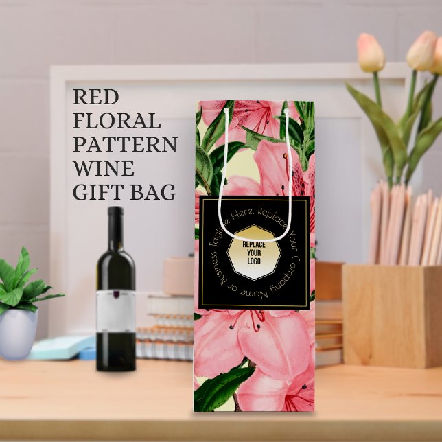 Sac Cadeau Pour Bouteille Motif floral rouge Ajoutez votre logo et nom d'ent (Créateur téléchargé)