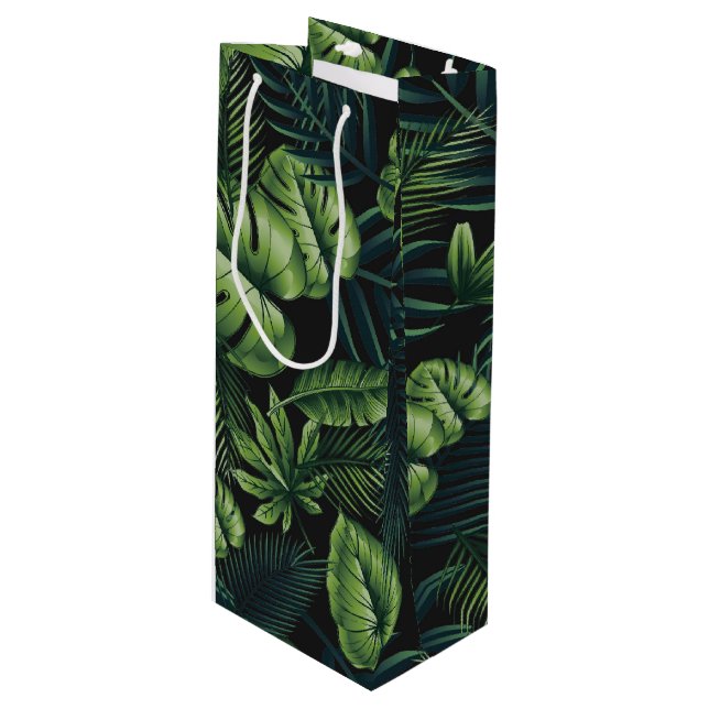 Sac Cadeau Pour Bouteille Motif Tropical Noir (Devant Angle)