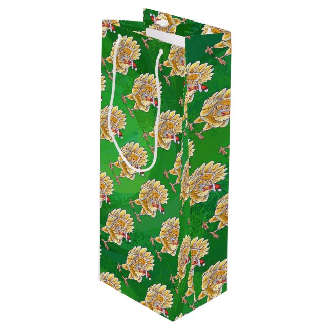 Sac Cadeau Pour Bouteille Noël Du Poulet Sur Vert (Devant Angle)