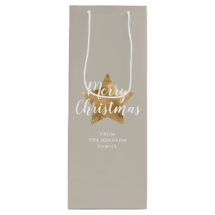 Sac Cadeau Pour Bouteille Noël joyeux étoile dorée fausse beige taupe élégan