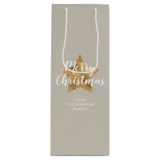 Sac Cadeau Pour Bouteille Noël joyeux étoile dorée fausse beige taupe élégan