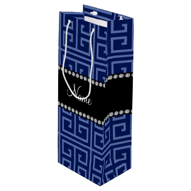 Sac Cadeau Pour Bouteille Nom personnalisé marine bleu grec motif clé de mar (Devant Angle)