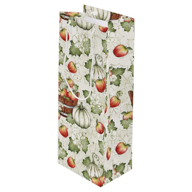 SAC CADEAU POUR BOUTEILLE ORANGE CHUTE BLANCHE AUTOMNE CITROUILLES (Devant Angle)