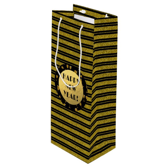 Sac Cadeau Pour Bouteille Parties scintillant d'or Faux, Joyeux Vin du Nouve (Devant Angle)