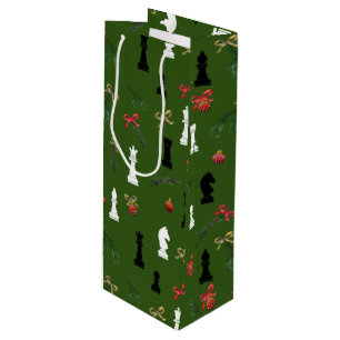 Sac Cadeau Pour Bouteille Pièces d'échecs de Noël Jeu Motif Vert