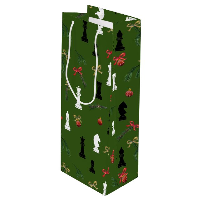 Sac Cadeau Pour Bouteille Pièces d'échecs de Noël Jeu Motif Vert (Devant Angle)