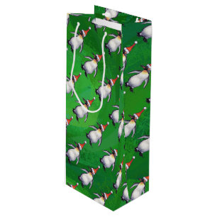Sac Cadeau Pour Bouteille Pingouin à Santa Hat Motif sur Vert