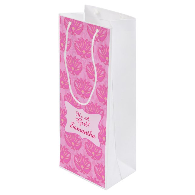 Sac Cadeau Pour Bouteille Pink Damask Baby C'est un nom de fille Personnalis (Dos Angle)