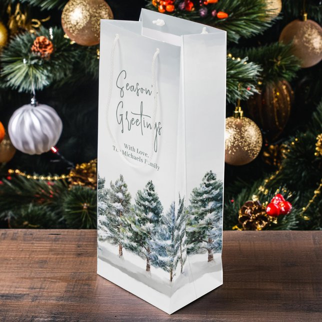 Sac Cadeau Pour Bouteille Pins d'hiver Fête Personnalisée (Holiday custom wine gift bag with watercolor pine trees.)