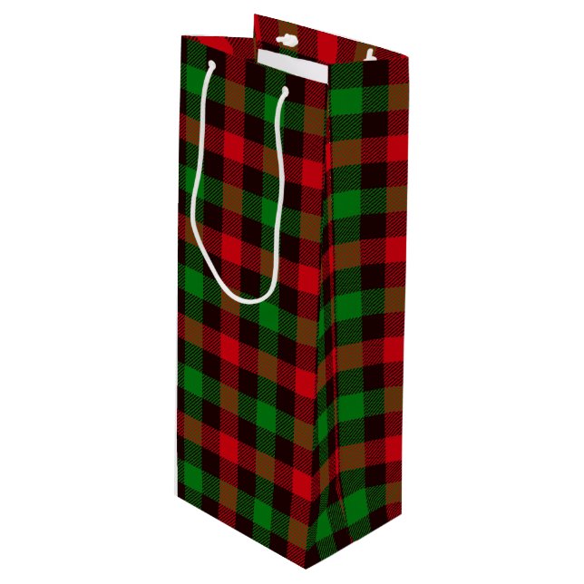 Sac Cadeau Pour Bouteille Plaid vert et rouge (Devant Angle)