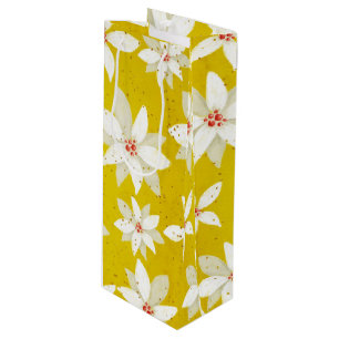 Sac Cadeau Pour Bouteille Poinsettias blancs Accents rouges Jaune doré brill
