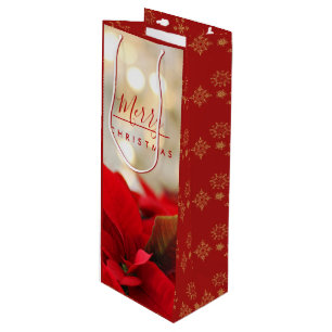Sac Cadeau Pour Bouteille Poinsettias rouges avec Golden Bokeh Noël