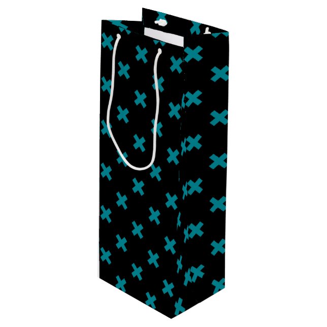 Sac Cadeau Pour Bouteille points de croix turquoises sur noir (Devant Angle)