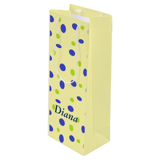 Sac Cadeau Pour Bouteille Points verts et bleus sur le jaune (Devant Angle)