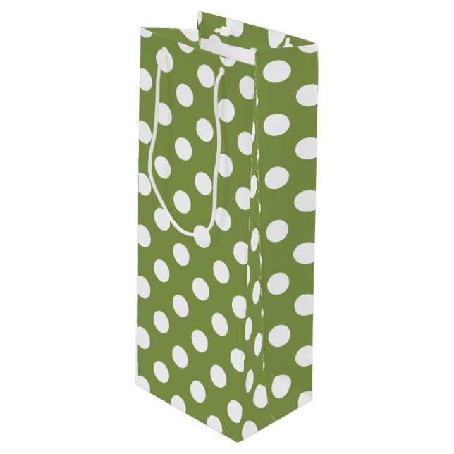 Sac Cadeau Pour Bouteille Pois blancs sur vert olive (Devant Angle)