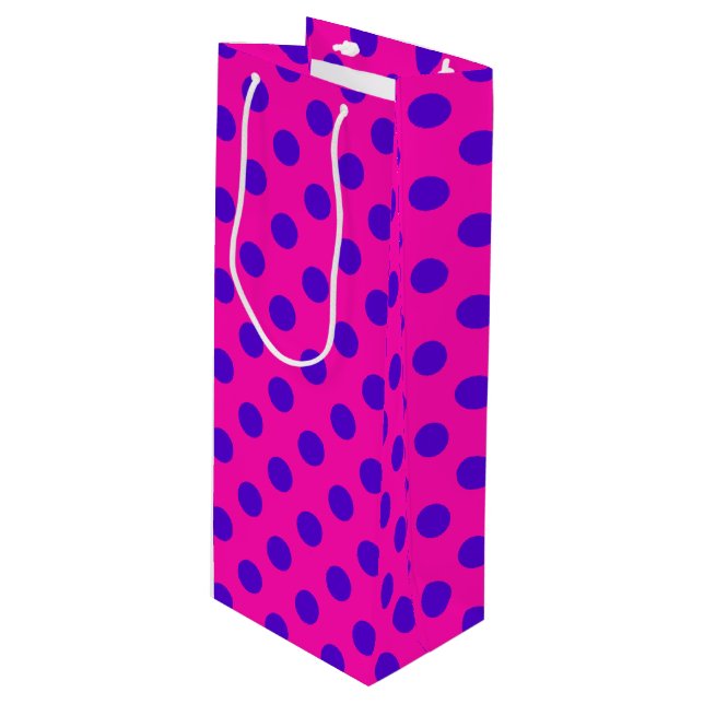 Sac Cadeau Pour Bouteille Pois bleus sur fuchsia (Devant Angle)