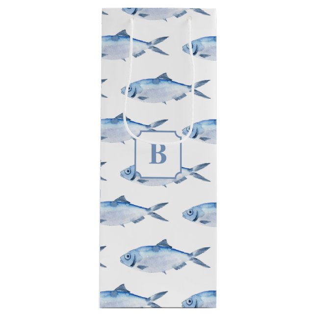 Sac Cadeau Pour Bouteille Poisson Bleu Aquarelle Côtière (Devant)