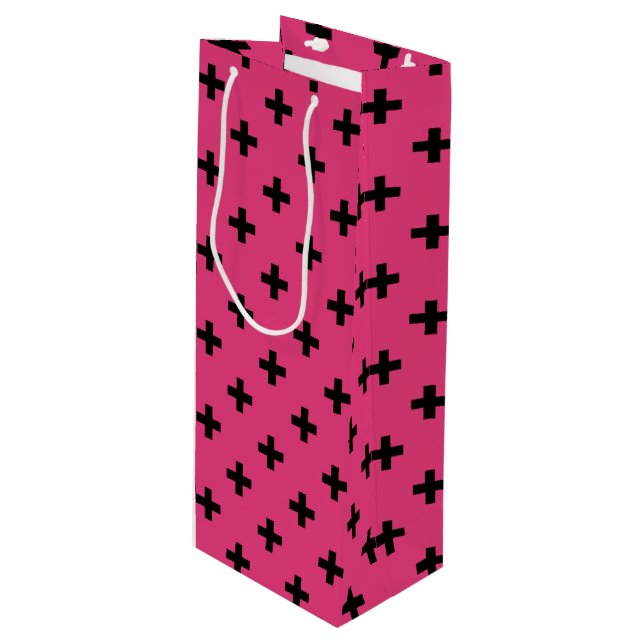 Sac Cadeau Pour Bouteille Polka noire croise sur fuchsia (Devant Angle)