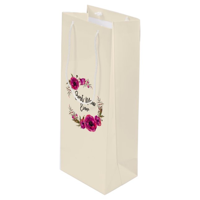 Sac Cadeau Pour Bouteille Poppies florales rose Fuchsia Wreath Meilleure mam (Devant Angle)
