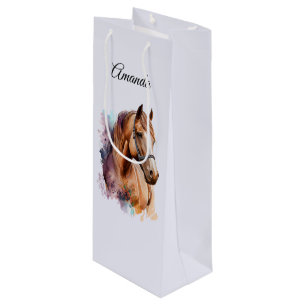 Sac Cadeau Pour Bouteille Portrait de tête de cheval brun à l'aquarelle