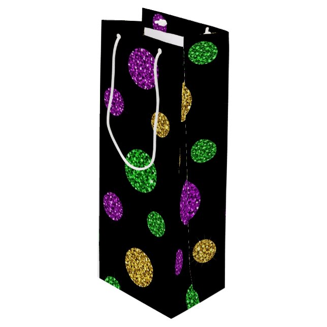 SAC CADEAU POUR BOUTEILLE PURPLE GREEN GOLD GLITTER LOOK MARDI GRAS (Devant Angle)