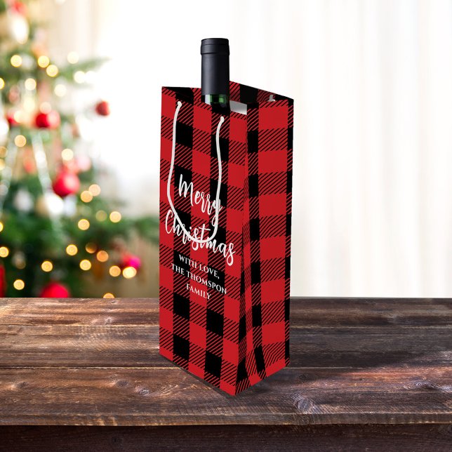 Sac Cadeau Pour Bouteille Red Buffalo Check Joyeux Noël Custom (Red and black Merry Christmas Buffalo Check Pattern Wine Gift Bag)