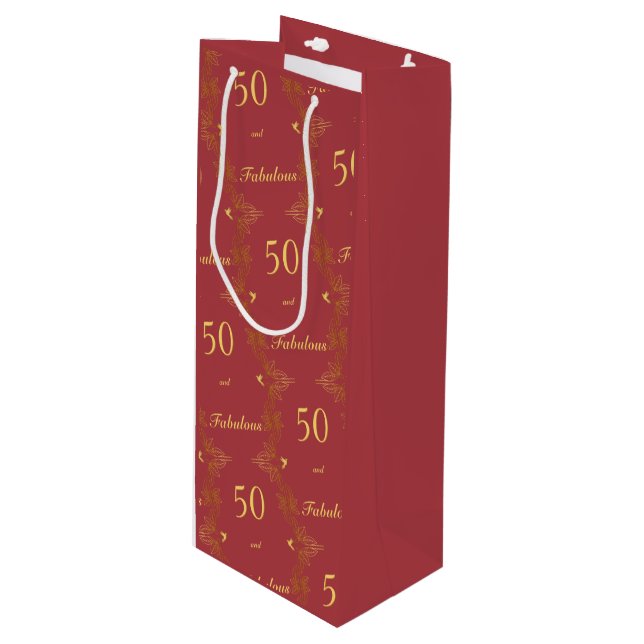 Sac Cadeau Pour Bouteille Red Gold moderne 50 Fabuleux anniversaire (Devant Angle)