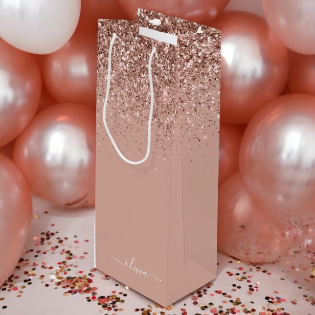 Sac Cadeau Pour Bouteille Rose Gold Blush Pink Parties scintillant Script Mo (Créateur téléchargé)