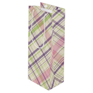 Sac Cadeau Pour Bouteille Rose Pâle Violet Pourpre Vert Citron Motif Tartan