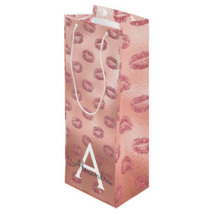 Sac Cadeau Pour Bouteille Rose Rose Gold Lipstick Baisers Monogramme Anniver