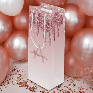 Sac Cadeau Pour Bouteille Rose Rose Parties scintillant Or & Monogramme étin