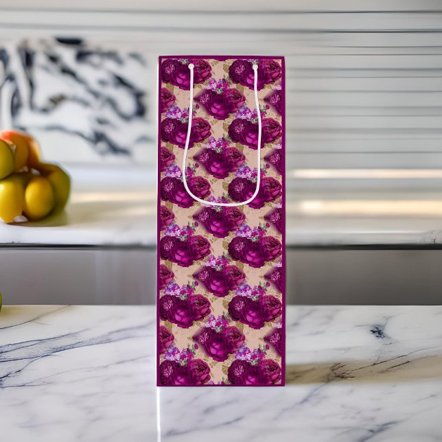 Sac Cadeau Pour Bouteille Roses magenta romantiques et Feuilles d'or sur la  (Créateur téléchargé)