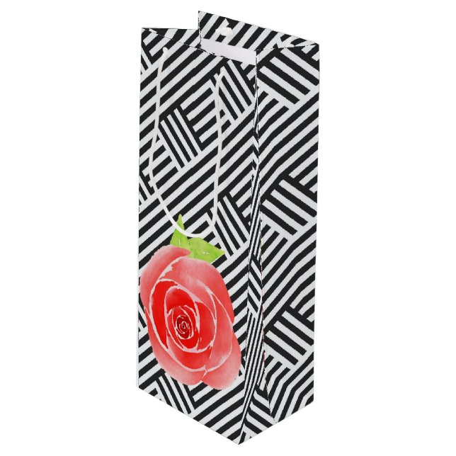 Sac Cadeau Pour Bouteille Roses Rouges Rayures Noires et Blanches (Devant Angle)