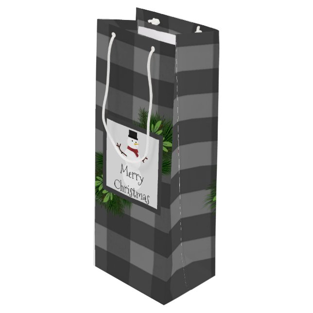 Sac Cadeau Pour Bouteille Sac-cadeau Snowman Gris Buffalo Plaid Wine (Devant Angle)
