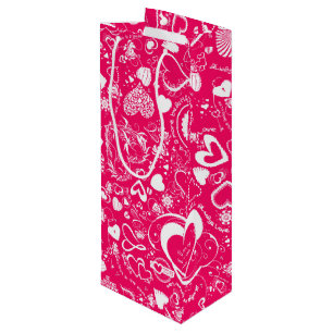 Sac Cadeau Pour Bouteille Sacs-cadeaux Coeur-Aimer Doodles Rose-Blanc-Vin
