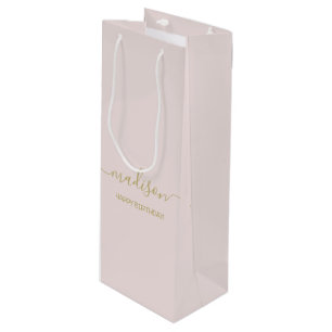 Sac Cadeau Pour Bouteille Salutation Nom Personnalisé Chic Or Script Rose Pâ