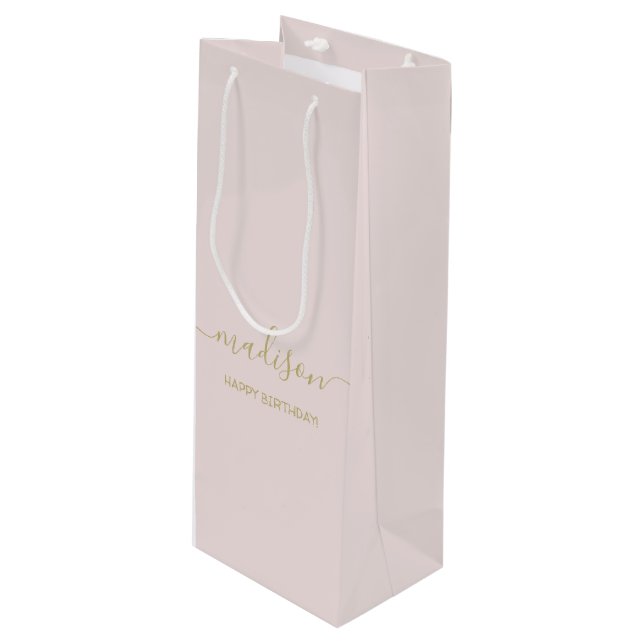 Sac Cadeau Pour Bouteille Salutation Nom Personnalisé Chic Or Script Rose Pâ (Devant Angle)